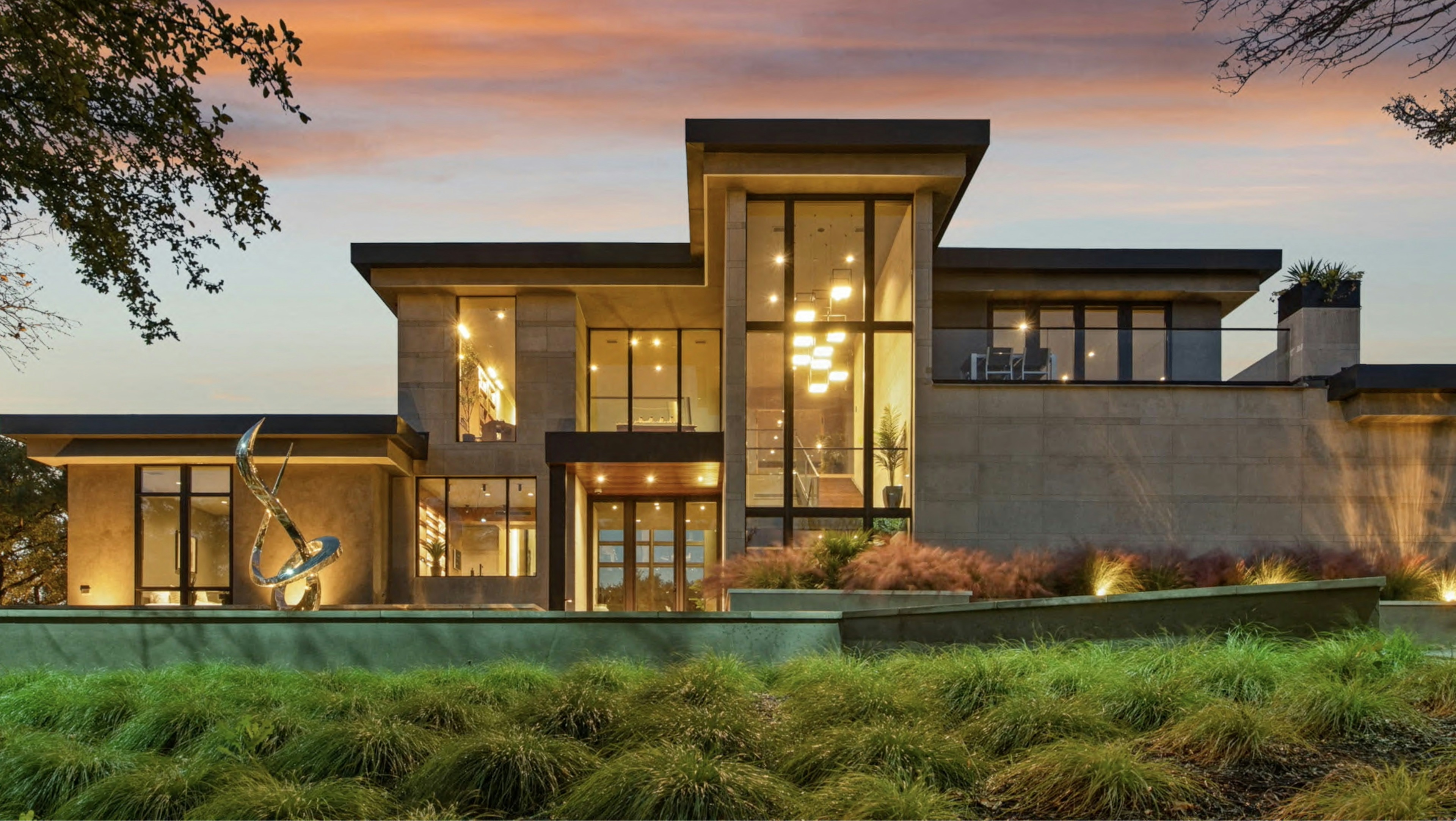 Contemporary residential property exterior at dusk
